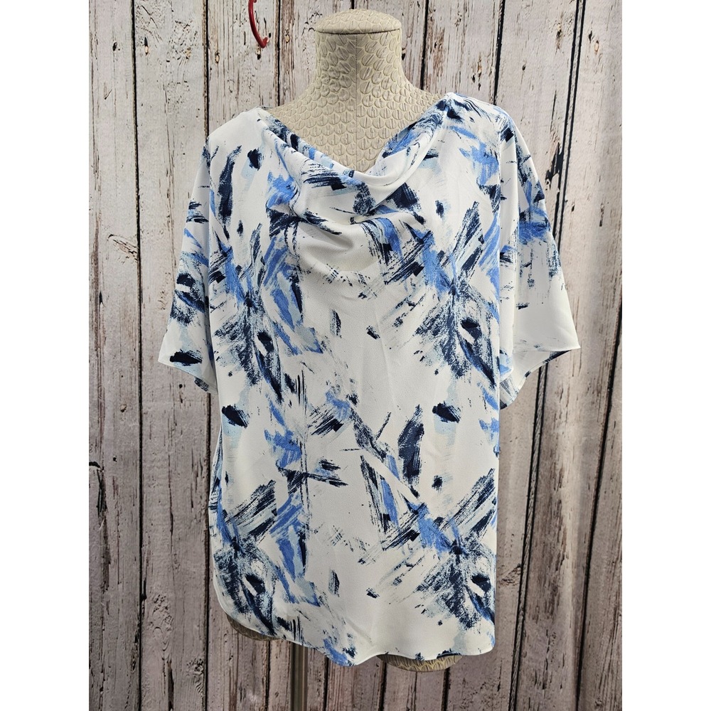 NORDSTROM Women's L Retro Print Short Sleeve Drape Neck Blouse Shirt Top EUC